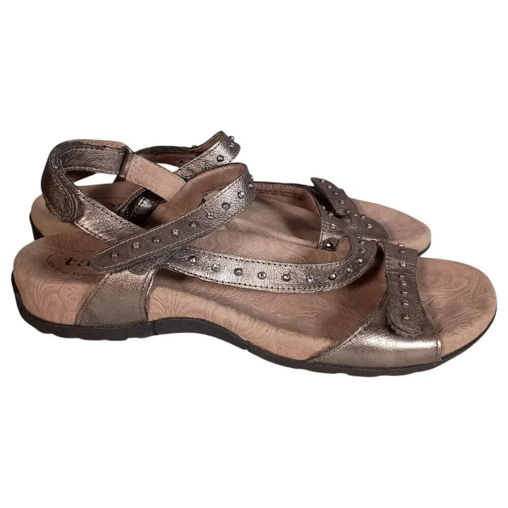 Taos Sandal Flat Pewter Gray Leather Studded Strappy Womens 9